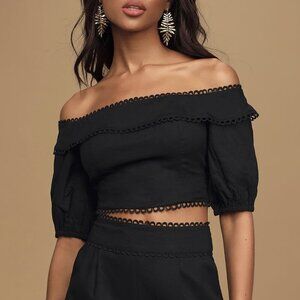NWT Lulus Bask In Glory Black Crochet Lace Off-The-Shoulder Top​